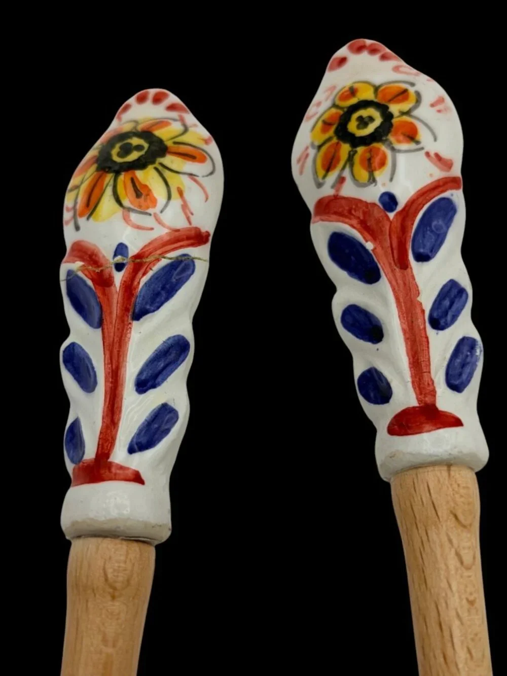 Italian Hand-Painted Ceramic & Wood Salad Server Set–VTG Floral Serving Utensils